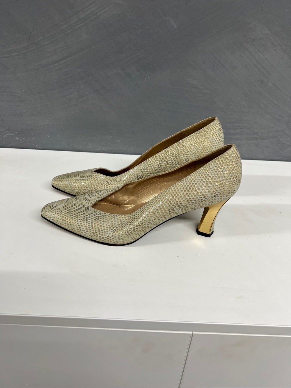 Stuart Weitzman Python Textured Pointed-Toe Pumps with Gold Heel